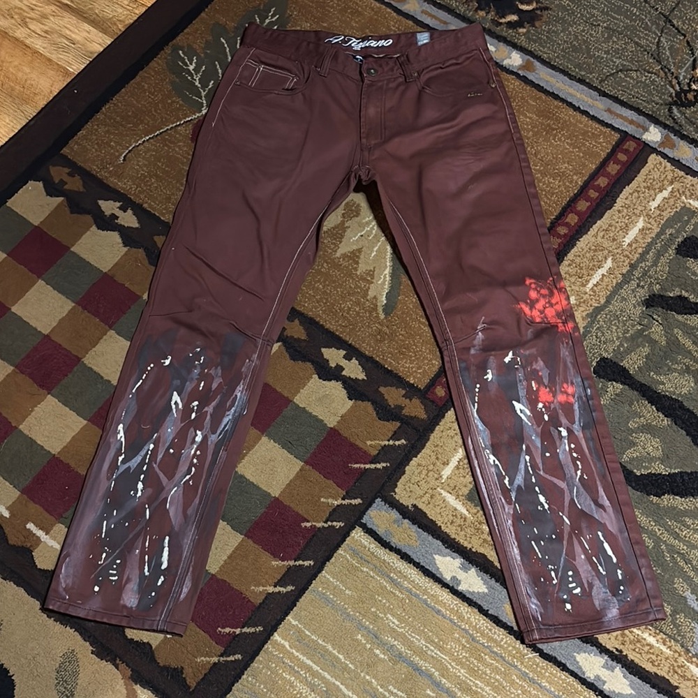 Burgundy Slim Jeans with Glossy Red Paint Effect‎